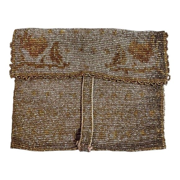 Vintage Victorian Flapper Glass Hand-Beaded Floral Gold Evening Clutch Bag READ - Picture 2 of 6